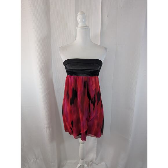 BEBE! 2B! BLACK SATIN BODICE, RED, PURPLE & BLACK ABSTRACT CHIFFON DRESS! SZ S - Picture 2 of 10